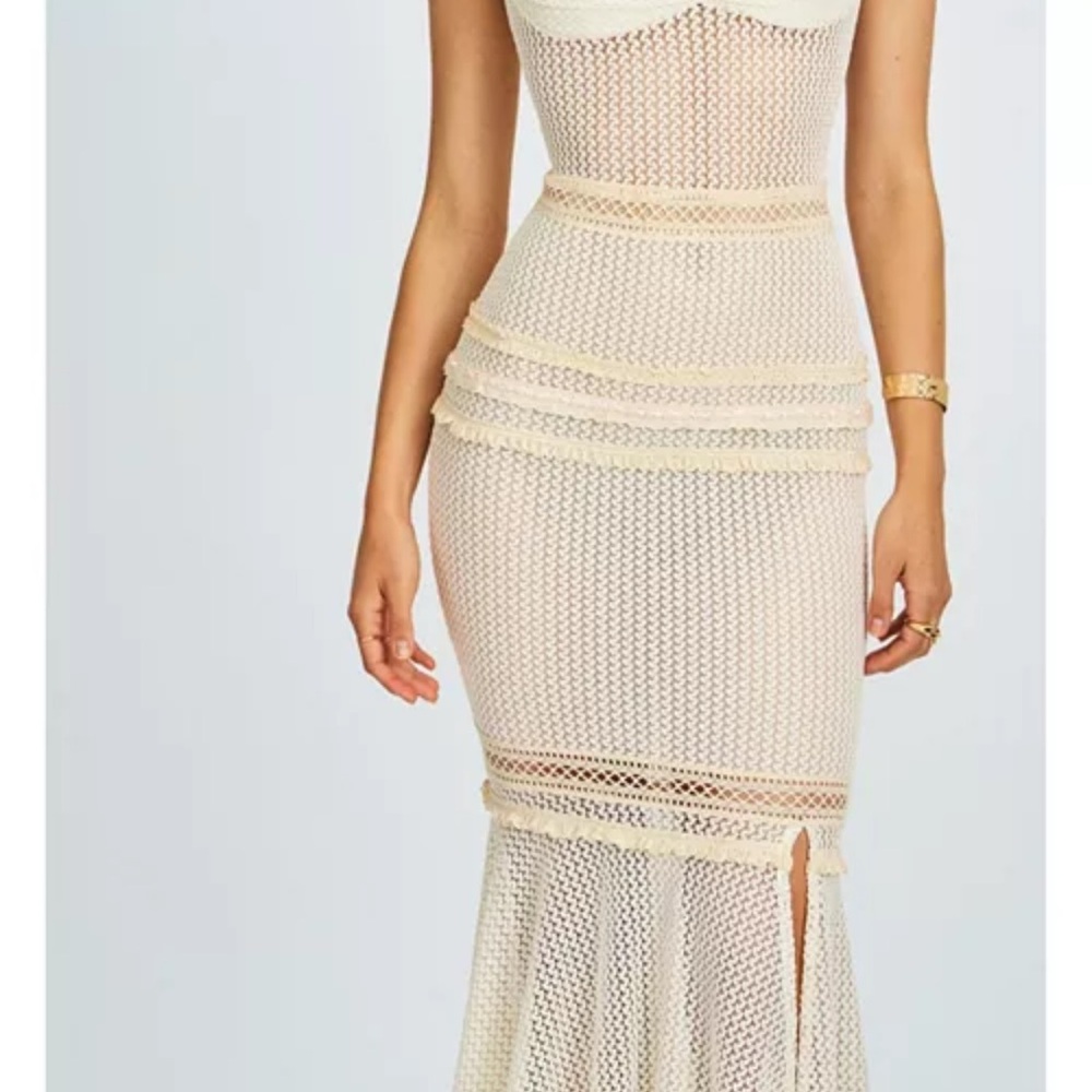 Women's Pallas Beige Lace Trim Crochet Mermaid Maxi Dress - Picture 6 of 10